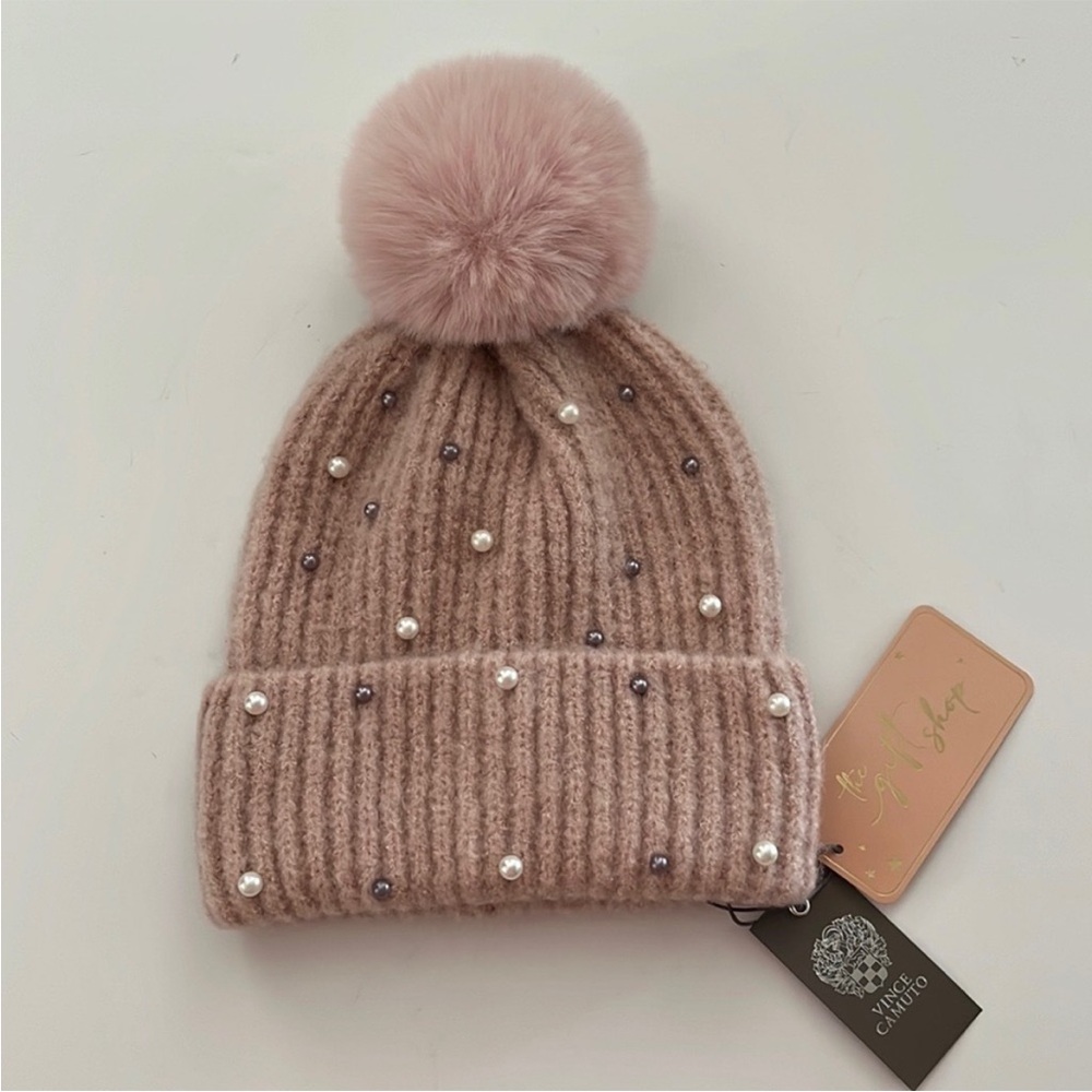 Vince Camuto Pink Beanie with Pom-Pom and Beads - Picture 9 of 9